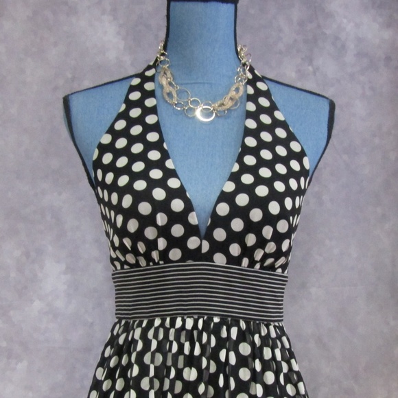 BCBGMaxAzria Silk Halter Dress Polka Dots & Stripe - Picture 2 of 7
